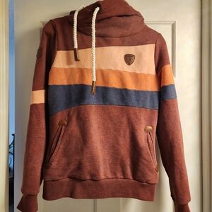 Wanakome Womens Rust and Navy Striped Hoodie - size MEDIUM